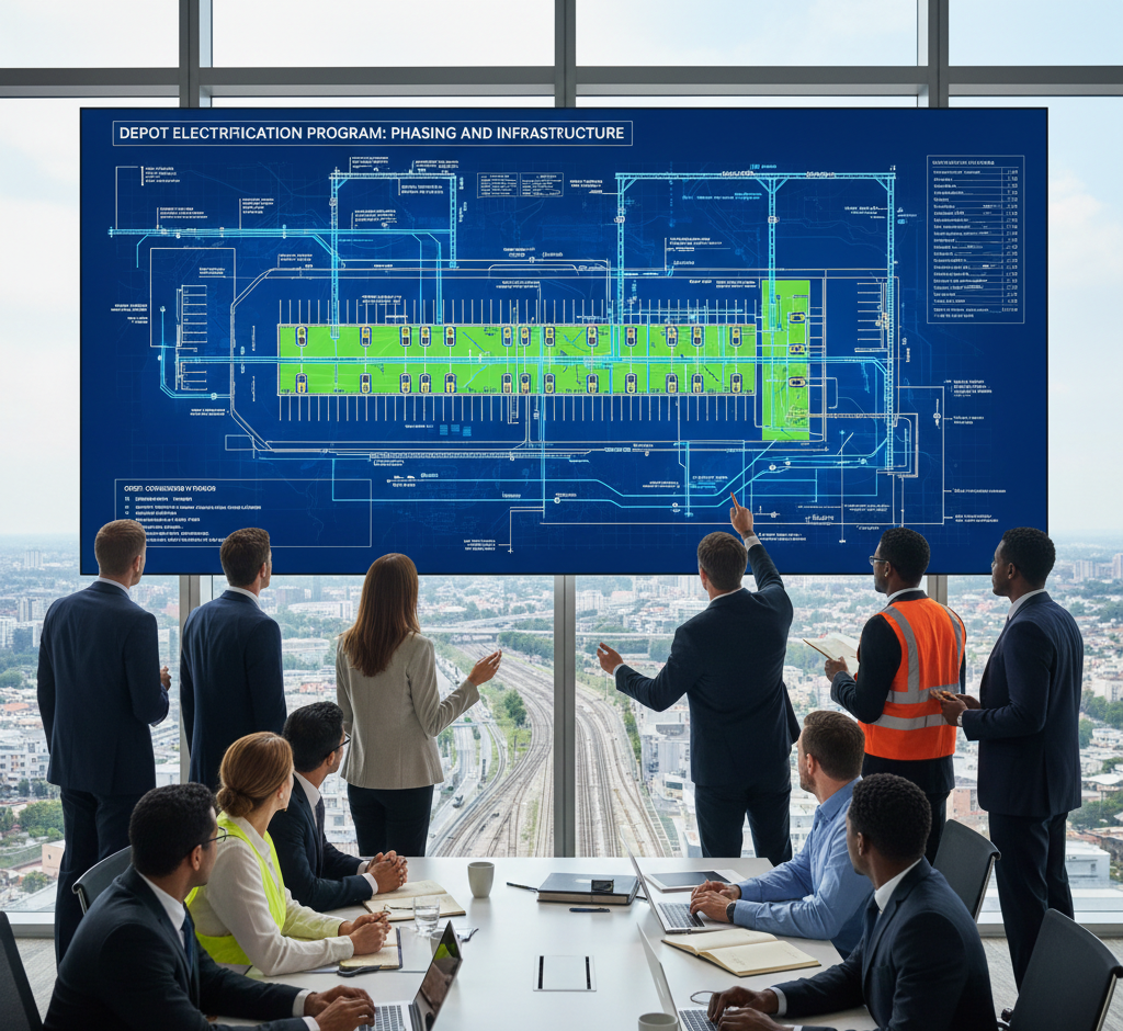 Electrification planning team reviewing depot layout, grid connection demands, and charging configuration scenarios